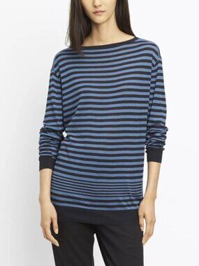 Vince Oversized Striped Crewneck Sweater Blue Cotton Silk Cashmere NWT XS S M